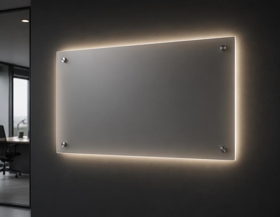 Backlit acrylic sign board on an office reception wall