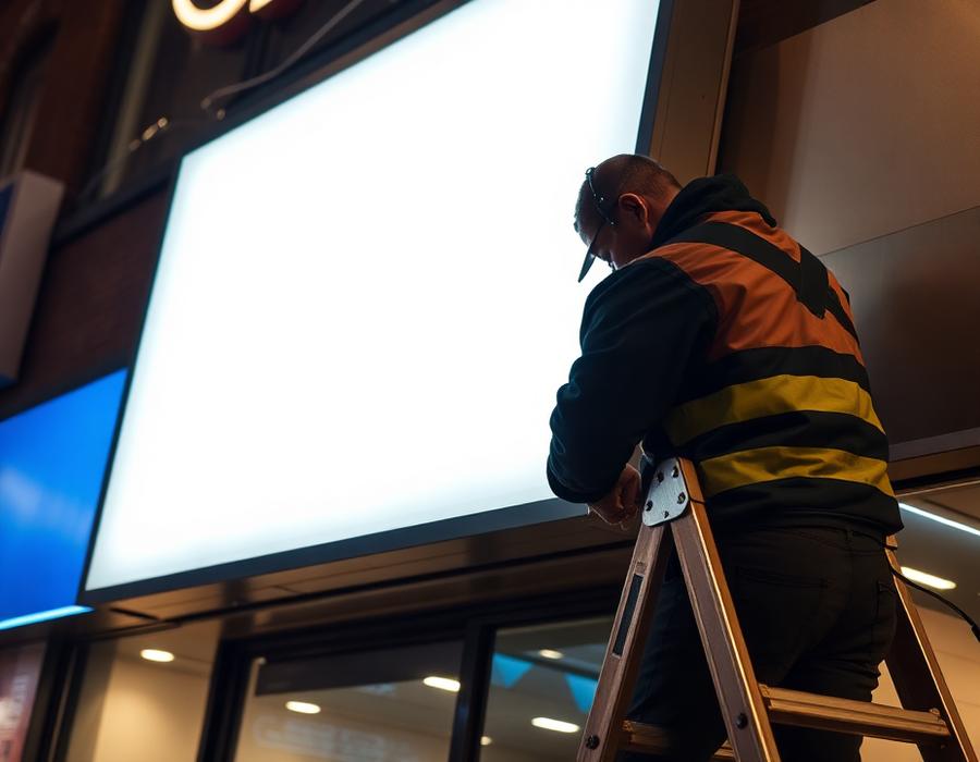 Star Advertiser team installing a glow sign board
